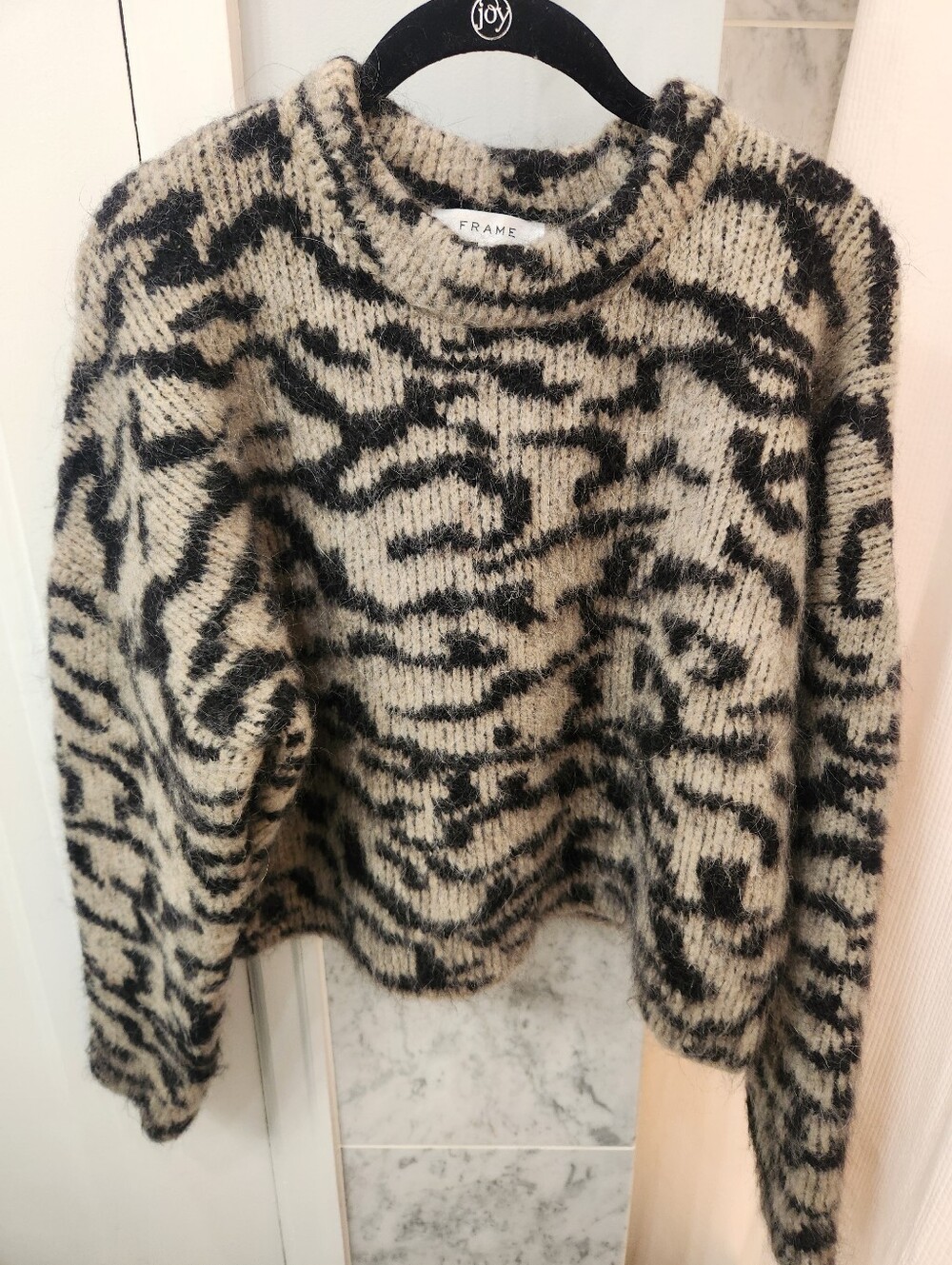 Frame Denim Black and Tan Cream Zebra/Tiger Print-Style Crewneck Sweater